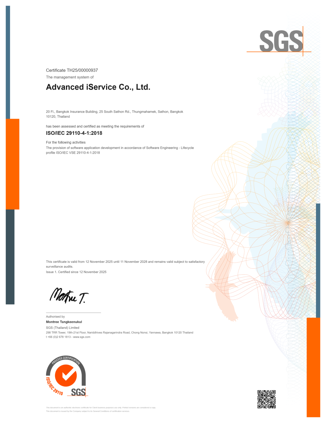 Advanced iService ISO/IEC 29110 certificate issued by SGS